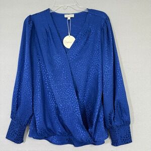 Chenault Women's Blouse Size S Blue Satin Animal Print Classic Office